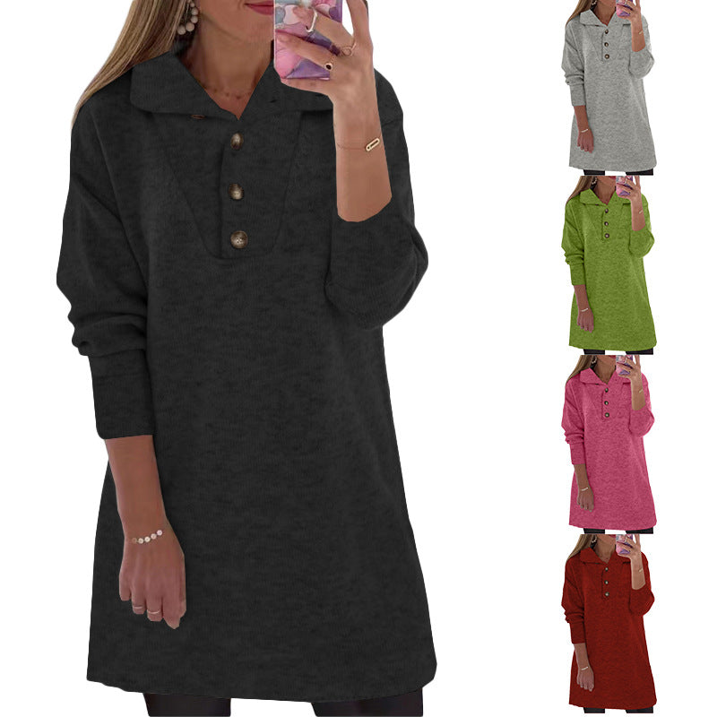 flowersverse New Women's Solid Collar Button Long Sleeve Casual Dress Women