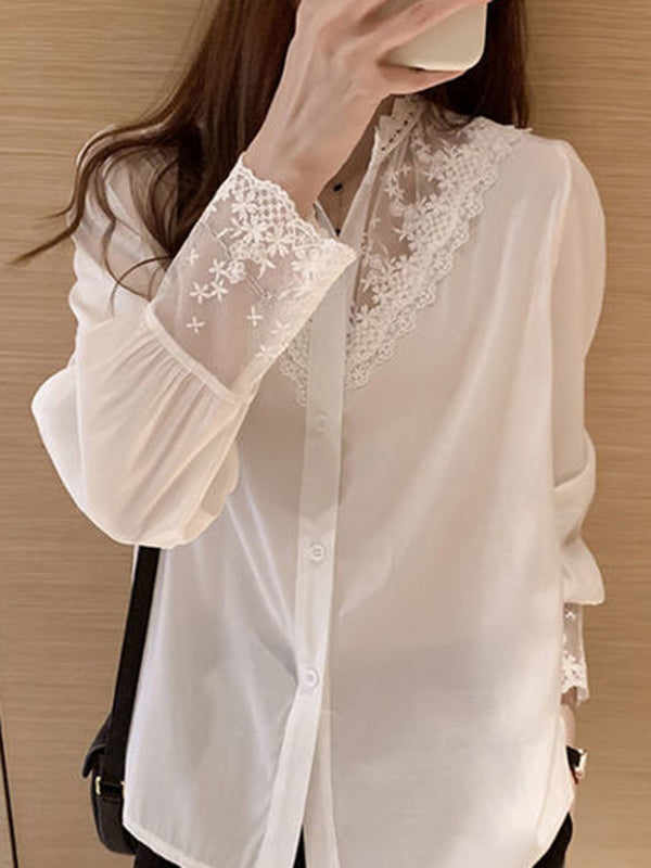 flowersverse Urban Black White Lace Split-Joint Hollow Blouse