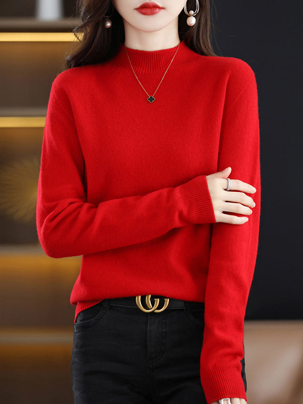 flowersverse Office Long Sleeves Solid Color High-Neck Sweater Tops Pullovers