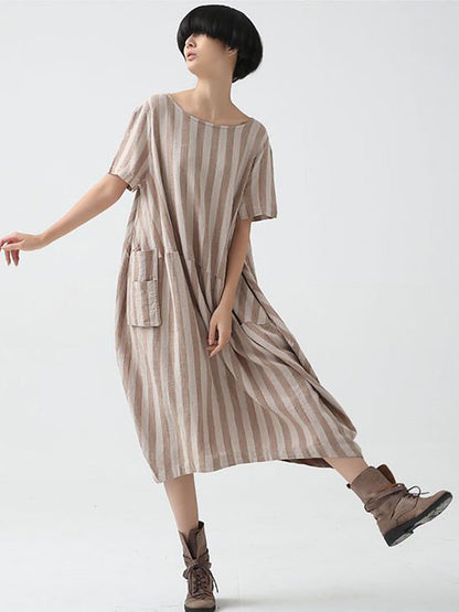 flowersverse Plus Size Women Summer Casual Stripe Cotton Linen Loose Dress