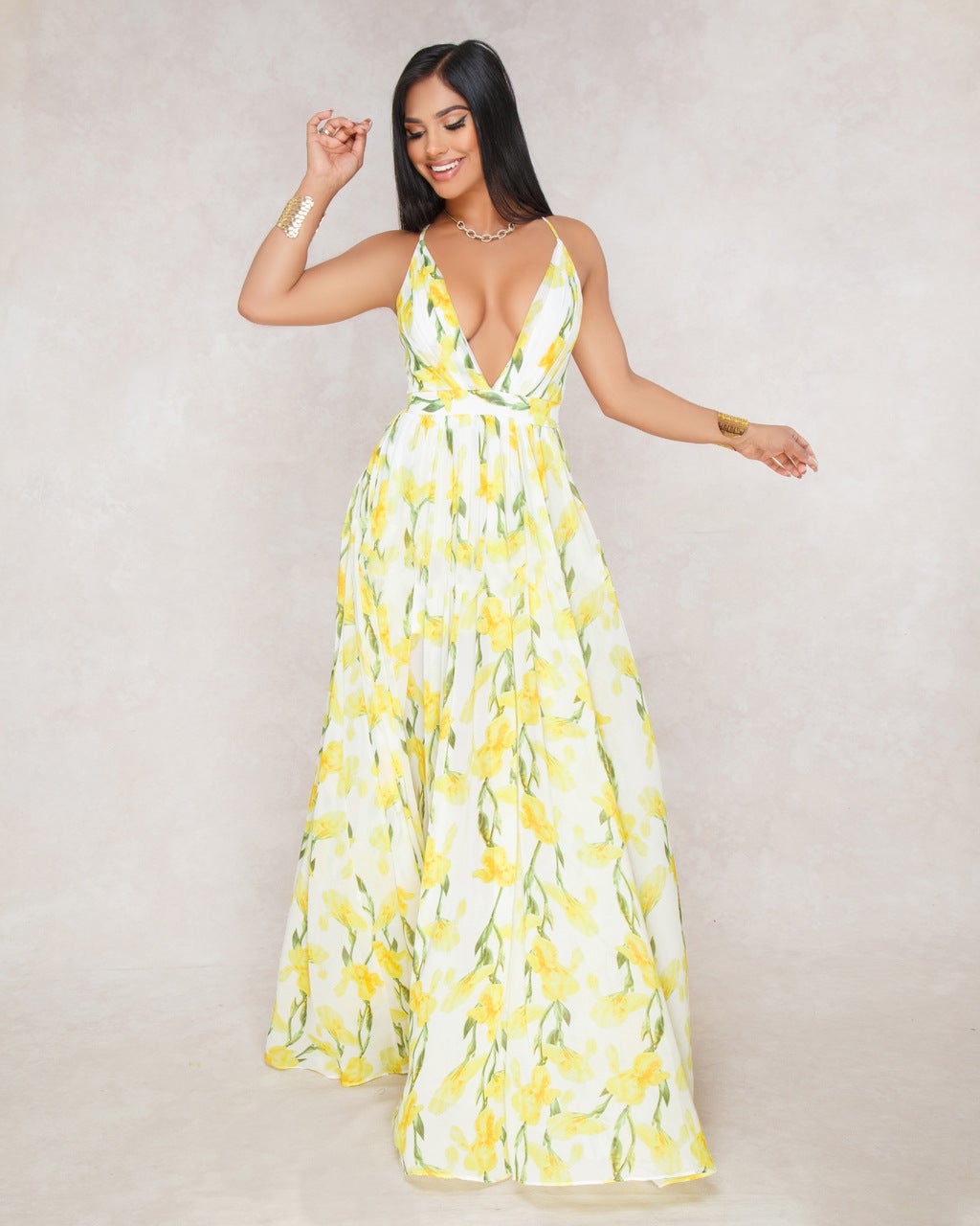 flowersverse European and American Deep V-Neck Back Chiffon Dress