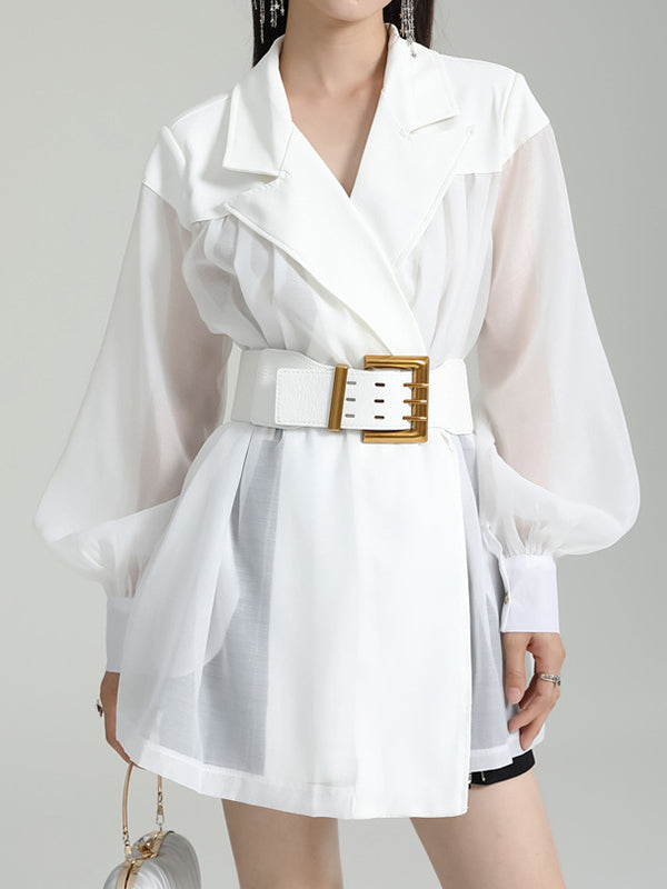 flowersverse Belted See-Through Puff Sleeves Loose Lapel Blouses&shirts Tops