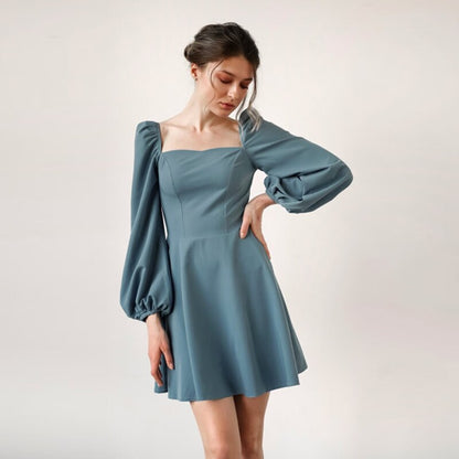 flowersverse Fashionkova Casual Square Neck Puff Sleeve A-Line Dress Autumn Backless High Waist Elegant Vintage Party Mini Dresses For Women