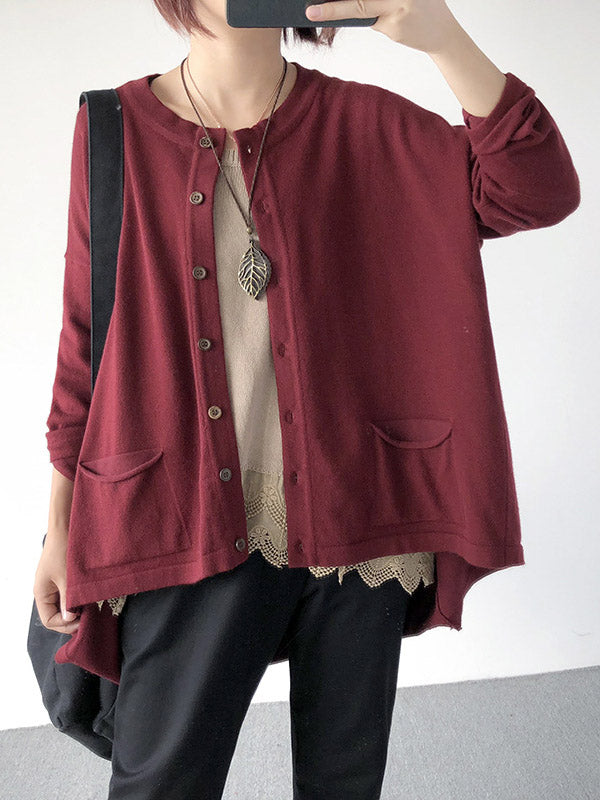 flowersverse Casual Loose Buttoned 8 Colors High-Low Round-Neck Long Sleeves Cardigan Tops