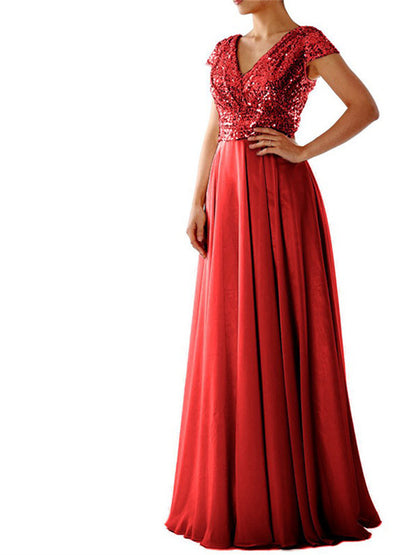 flowersverse V-Neck Chiffon Patchwork Evening Dress