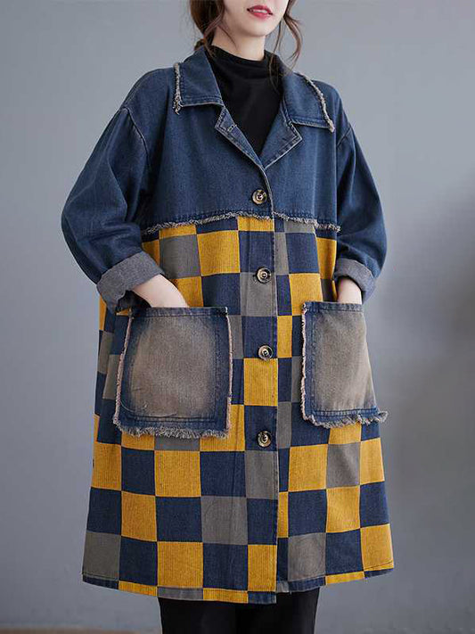 flowersverse Buttoned Fringed Plaid Pockets Split-Joint Long Sleeves Loose Notched Collar Denim Outerwear