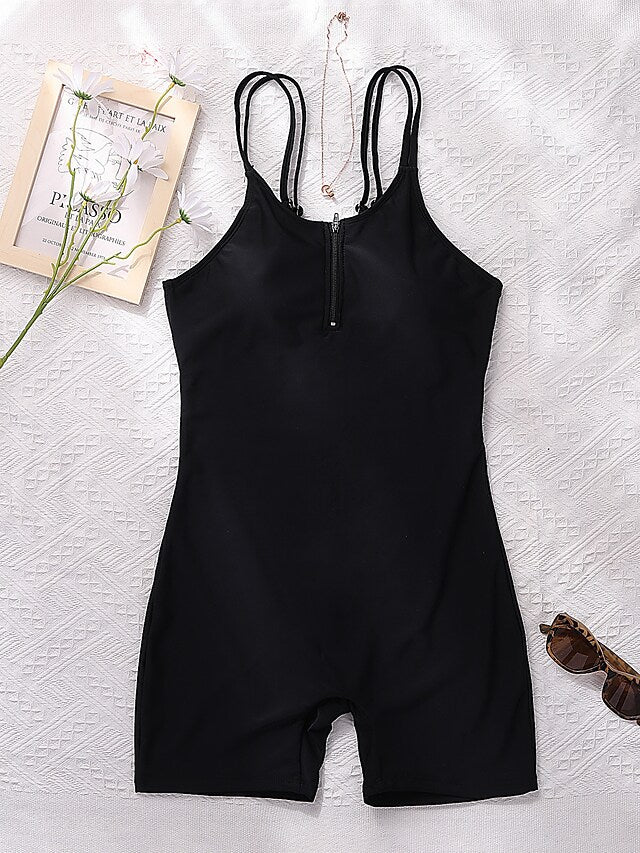 flowersverse Women's Swimwear One Piece Normal Swimsuit Front Zip Solid Color Black Army Green Bodysuit Bathing Suits Sports Summer