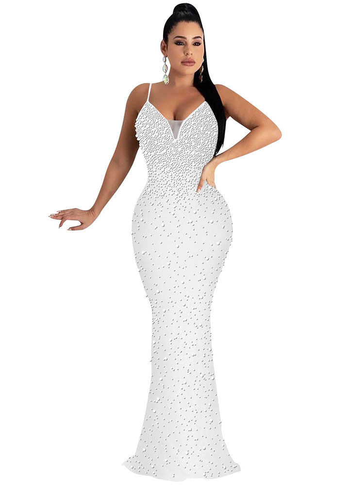 flowersverse Off Shoulder Backless Sequin Spaghetti Strap Bodycon Maxi Dresses