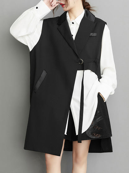 flowersverse Asymmetric Pockets Tied Sleeveless Notched Collar Vest Outerwear