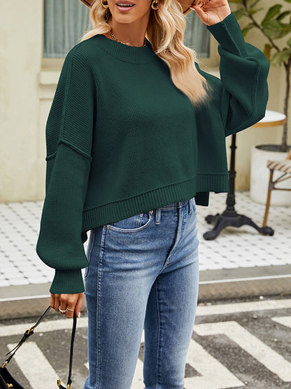 flowersverse Solid Color Split-Joint Split-Side Batwing Sleeves High-Low Round-Neck Sweater Tops Pullovers