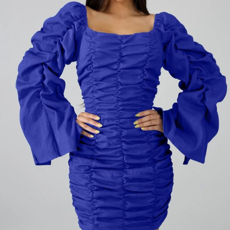 flowersverse Ruched Design Off Shoulder Long Sleeve Dress Women Solid Blue  Bodycon Party Dresses Mini Vestidos Plus Size