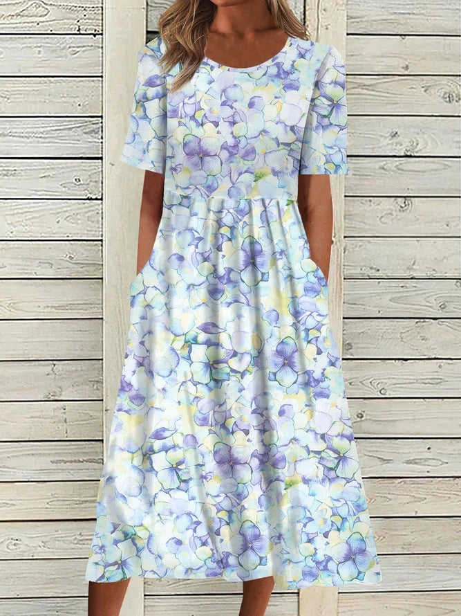 flowersverse Spring/Summer Round Neck Floral Print Casual Vacation Dress