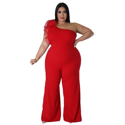 flowersverse Plus Size Ladies One Shoulder Mesh Wide Leg Pants