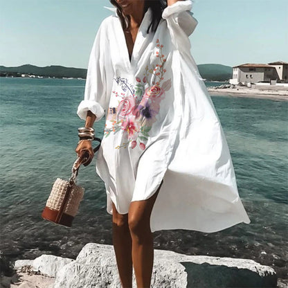 flowersverse Summer Fit Ladies Long Sleeve Plus Size Bohemian Print Loose Dress