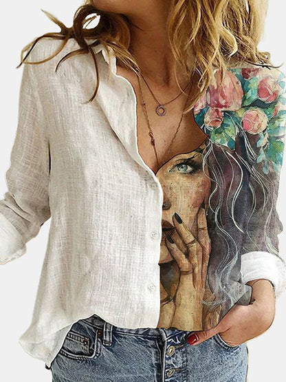 flowersverse Stylish Asymmetric Floral Printed Lapel Long Sleeves Blouse Tops