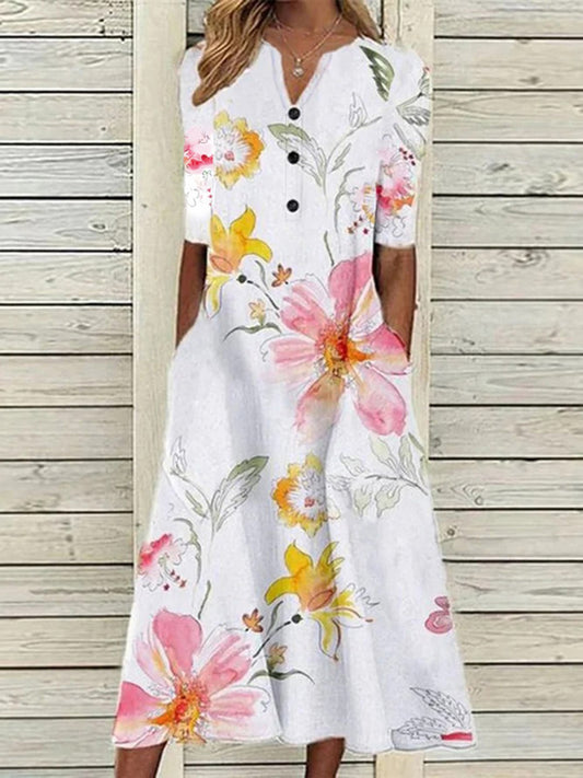 flowersverse Floral Casual V Neck Half Sleeve Buttoned Pockets A-line Dress