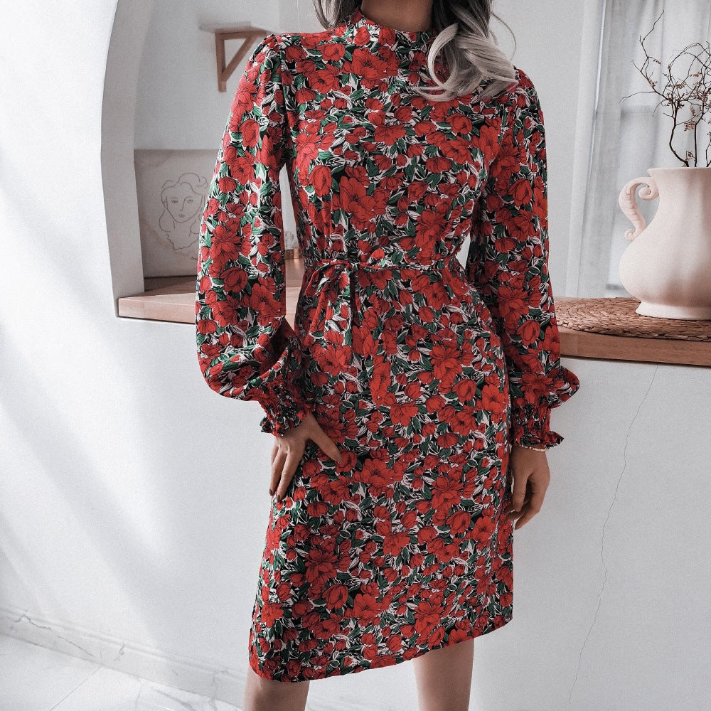 flowersverse Floral Stand Collar Lantern Long Sleeve Chiffon Dress