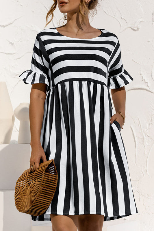 flowersverse Fashion Casual Striped Patchwork O Neck A Line Dresses