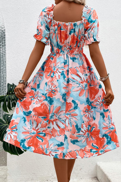 flowersverse Vibrant Floral Frill Trim Square Neck Midi Dress