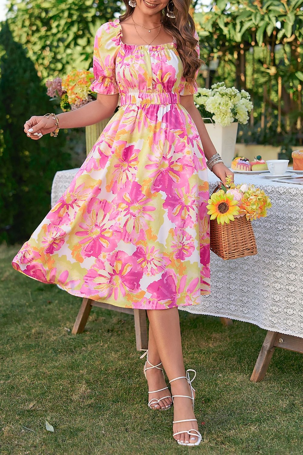 flowersverse Vibrant Floral Frill Trim Square Neck Midi Dress