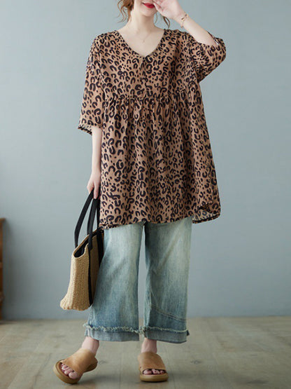 flowersverse Leopard Half Sleeves Loose V-neck T-Shirts Tops Blouses&shirts Tops