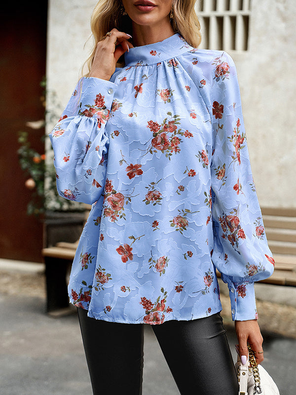 flowersverse Flower Print Tied Long Sleeves Loose Mock Neck Blouses&Shirts Tops