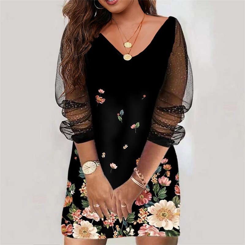 flowersverse Women's Plus Size Casual Dress Floral V Neck Long Sleeve Fall Spring Casual Mini Dress Daily Vacation Dress