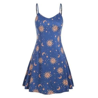 flowersverse Women Starry moon pattern Printed O-Neck Sleeveless Dress