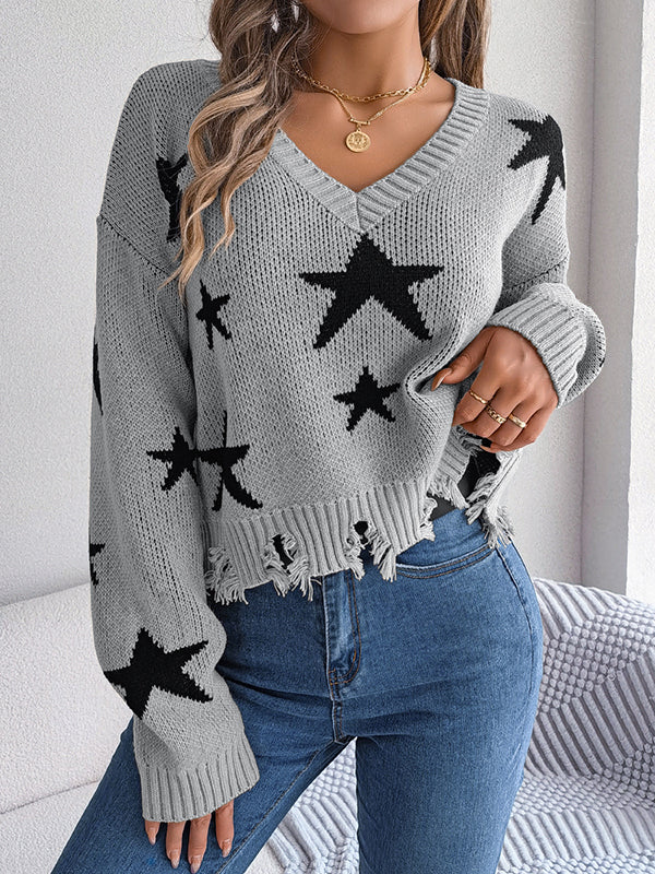 flowersverse Contrast Color Fringed Split-Joint Long Sleeves Loose V-Neck Sweater Tops