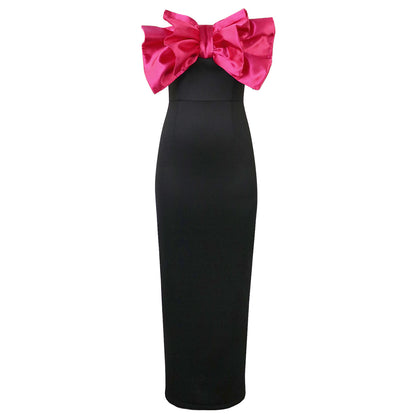 flowersverse Contrast Bow Dress Sexy Strapless Sleeveless Formal Party Evening Dress