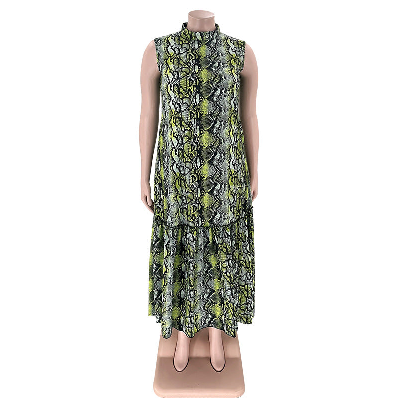 flowersverse Summer Stand Collar Sleeveless Print Plus Size Women's Stylish Loose Long Dress