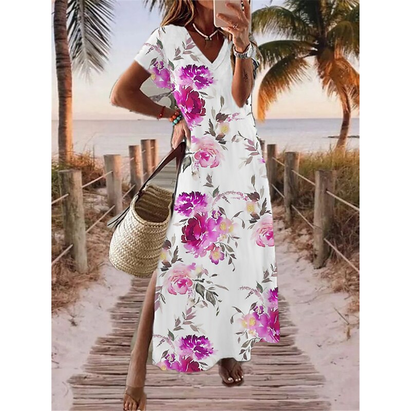 flowersverse Women's Long Dress Maxi Dress Casual Dress Print Dress Floral Fashion Streetwear Outdoor Daily Going out Split Print Short Sleeve V Neck Dress Regular Fit Pink Navy Blue Spring Summer S M L XL XXL