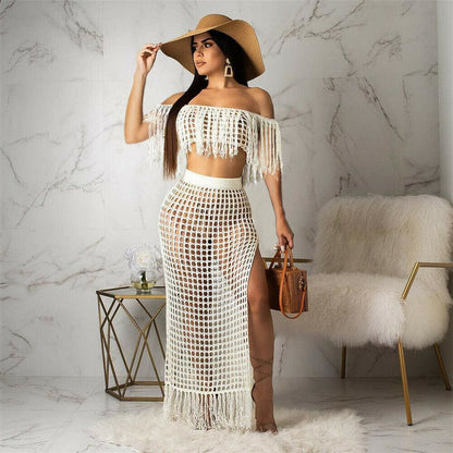 flowersverse 2pcs Women Cover up Hollow Out Perspective Tassel Boat Neck High Slit Solid Casual Summer Beach Long Dress