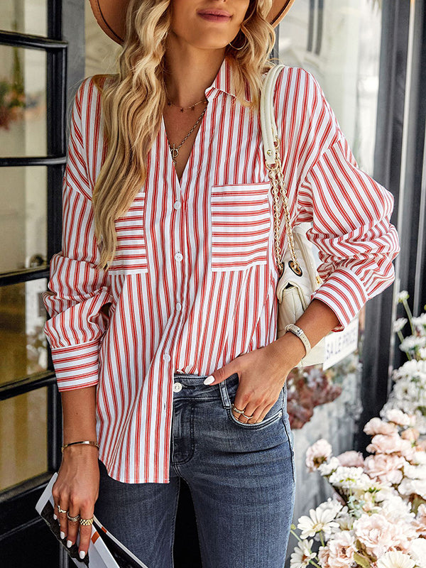 flowersverse Casual Loose Striped V-Neck T-Shirt