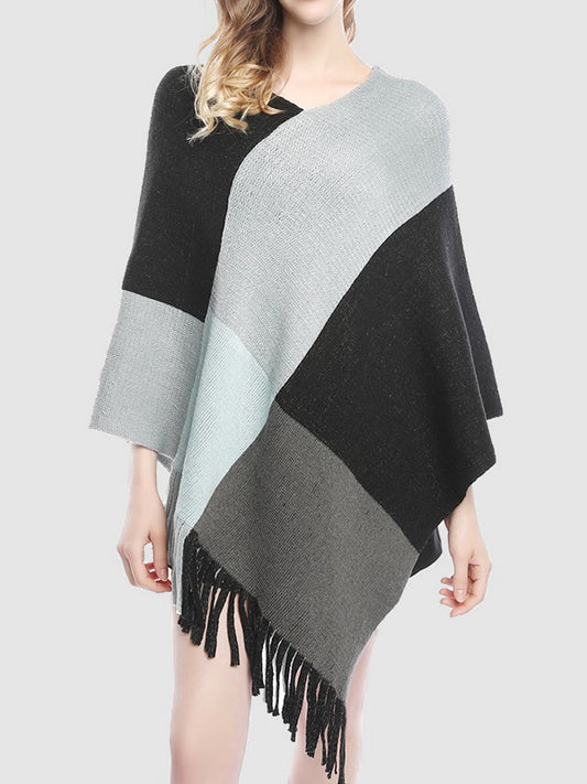 flowersverse Asymmetric Color-Block Tasseled Loose V-Neck Shawl&Cloak Cape