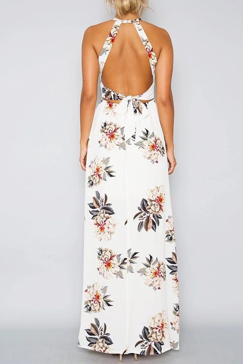 flowersverse Elegant Floral Backless Slit Strap Design Halter Dresses(3 Colors)