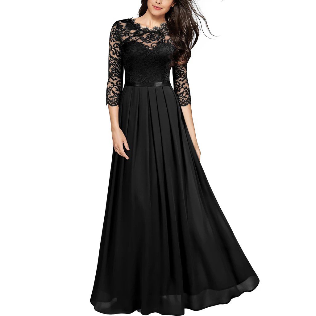 flowersverse Medium-Long Sleeve Chiffon Dress Round Neck Stitching Lace Dress Evening Dress Black Dresses