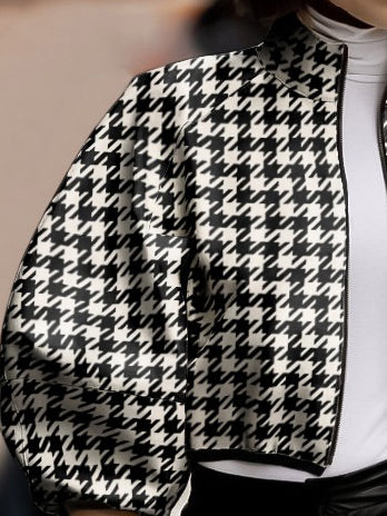 flowersverse Loose Puff Sleeves Houndstooth Stand Collar Outerwear