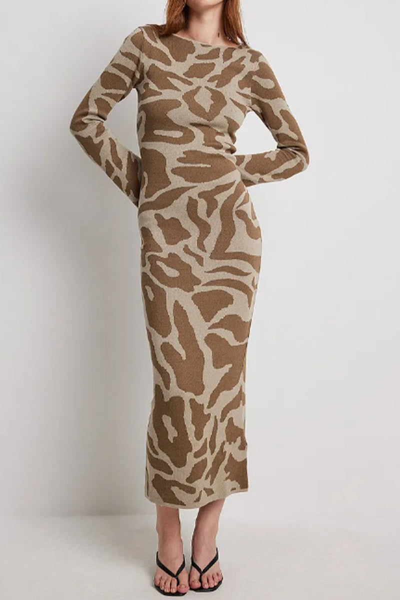 flowersverse Casual Animal Print Contrast O Neck A Line Dresses(4 Colors)