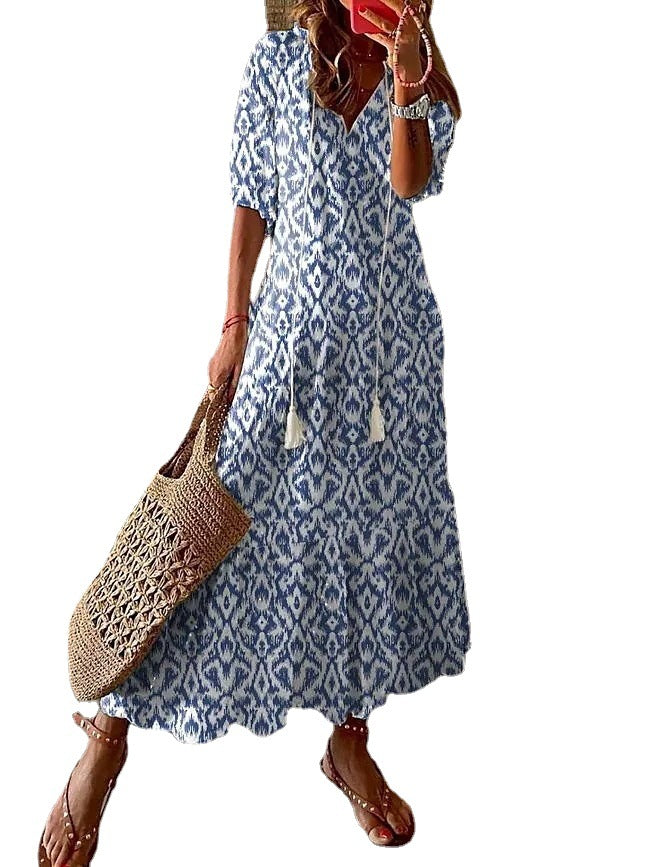 flowersverse Casual And Sweet Loose V-neck Printed Tassel Mid-sleeve Long Dress For Women