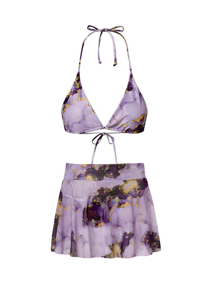 flowersverse Elegant Tie-Dye Pattern Printing V Neck Bikinis set Three-Piece Set