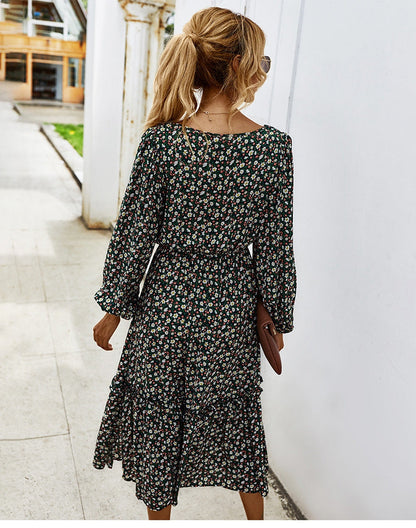 flowersverse Retro Ladies Square Collar Floral Long Dress Autumn Winter Women High Waist Full Sleeve Elegant Chic Dress