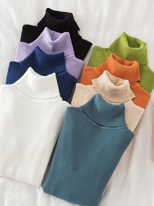 flowersverse Simple Skinny Solid Color High-Neck Sweater Tops