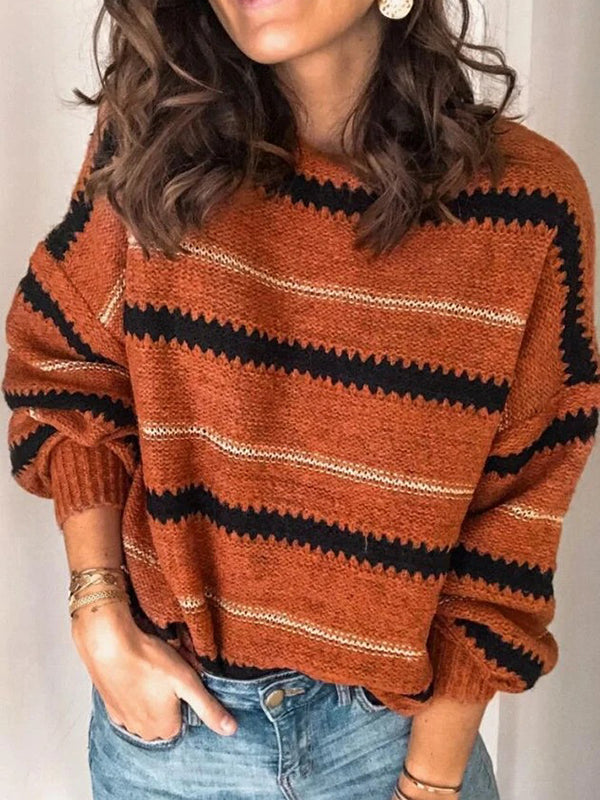 flowersverse Striped Long Sleeves Loose Round-Neck Sweater Tops Pullovers Knitwear