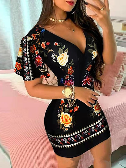 flowersverse Women's Bodycon Sheath Dress Mini Dress Black Short Sleeve Floral Print Spring Summer V Neck Stylish  S M L XL XXL