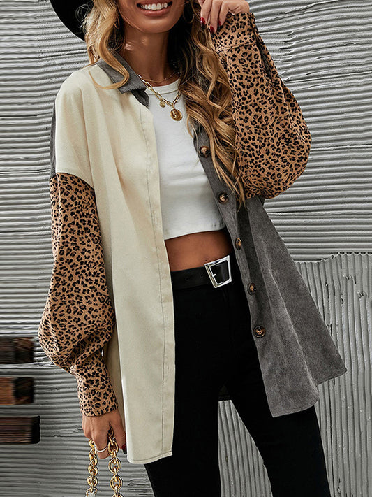 flowersverse Buttoned Leopard Pockets Split-Joint Long Sleeves Loose Lapel Outerwear Jackets