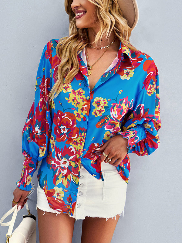 flowersverse Buttoned Elasticity Flower Print Long Sleeves Loose Lapel Blouses&Shirts Tops