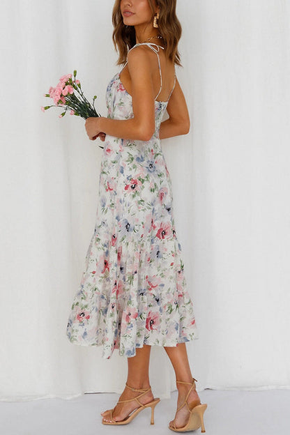 flowersverse Floral Tie Straps Ruffles Midi Dress