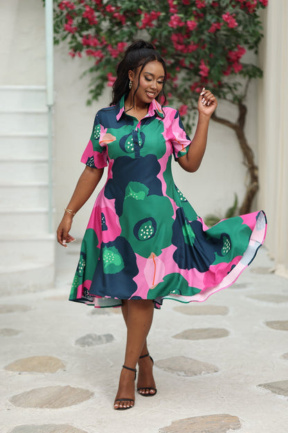 flowersverse Short Sleeve Floral Print Midi Dresses