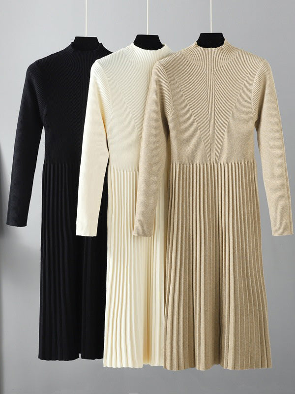 flowersverse Stylish Long Sleeves High Waisted Pleated Solid Color Half Turtleneck Sweater Dresses